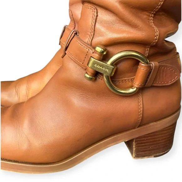 COACH Saddle Brown California Calf Leather Boots with Signature Gold Buckles, 9M - Picture 7 of 16